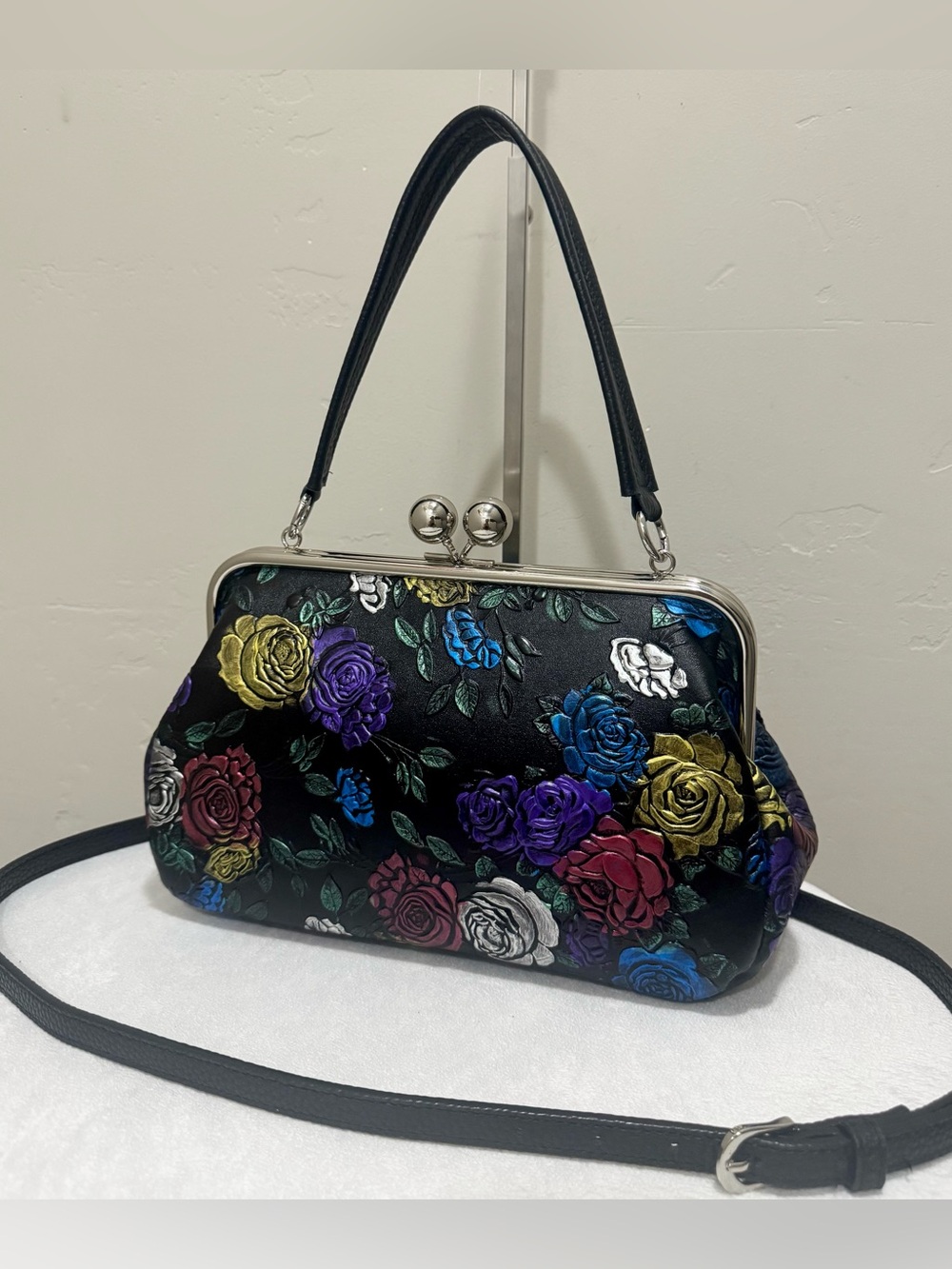 Colorful Rose Embossed Leather Handmade 
Kisslock Frame Bag, Multi Use Style